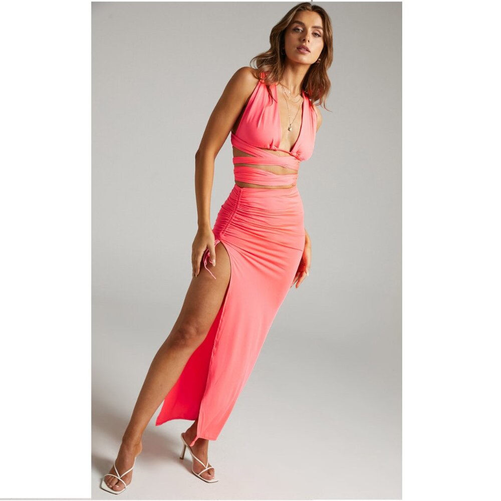 Coral Slinky Ruched Two Piece Set